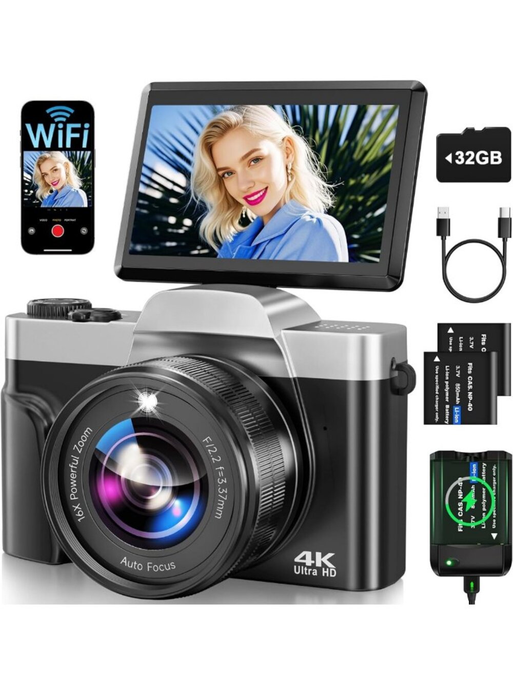 4K WiFi Digital Camera 64MP with Auto-Focus, 180° Flip Screen, 16X Zoom